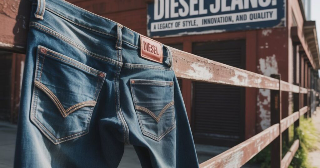 Close-up of Diesel’s advanced denim fabric with modern stitching and unique wash pattern.