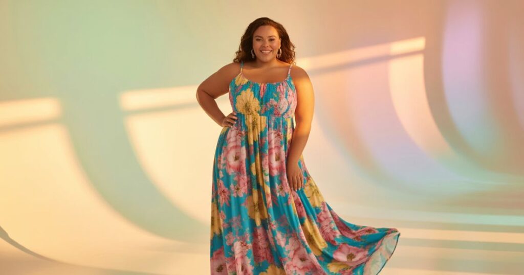 Plus Size Dresses woman wearing an elegant navy blue formal dress with confidence.