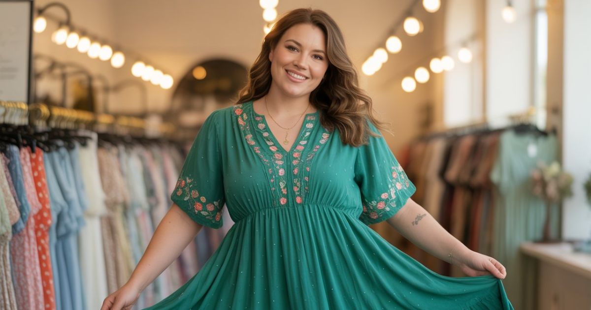 Plus size woman in a floral summer dress enjoying a walk outdoors.