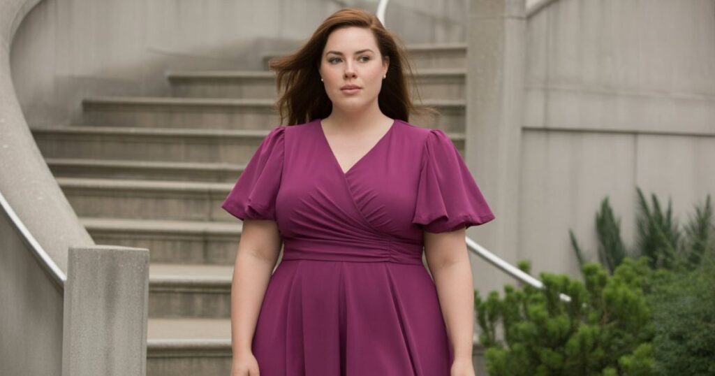 Smiling Plus Size Dresses model in a flowing pastel maxi dress under the sun.