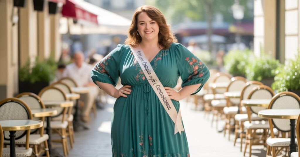 Plus Size Dresses woman in a glamorous black evening gown posing elegantly.