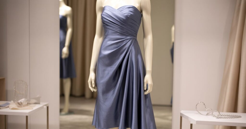 Woman in a floral strapless summer dress standing in a blooming garden