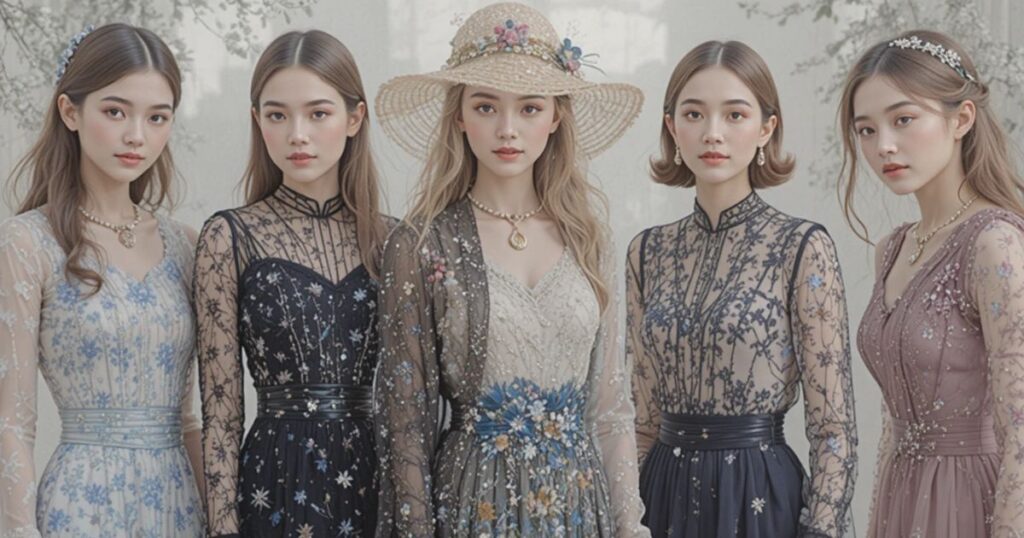 A model in a floor-length emerald green modest gown with a high neckline and lace detailing.