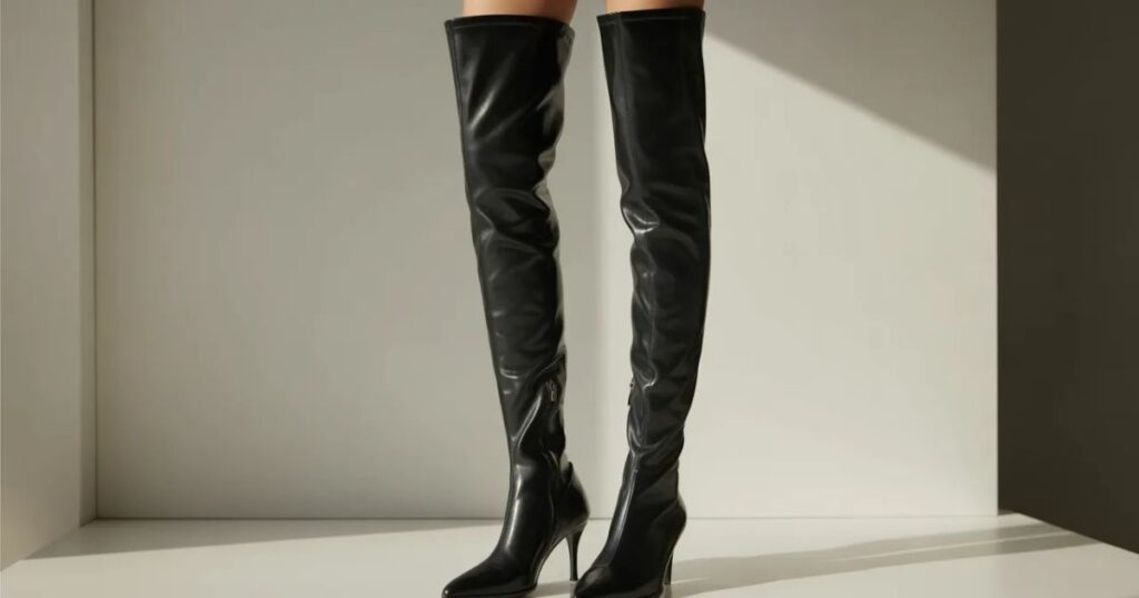 High-heeled red over-the-knee boots styled with a mini dress.