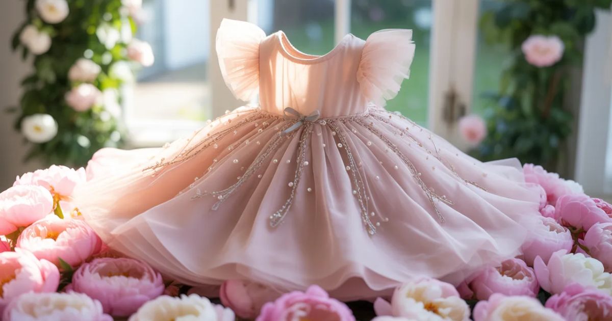 Back view of a birthday dress featuring open-back detailing and flowing fabric.