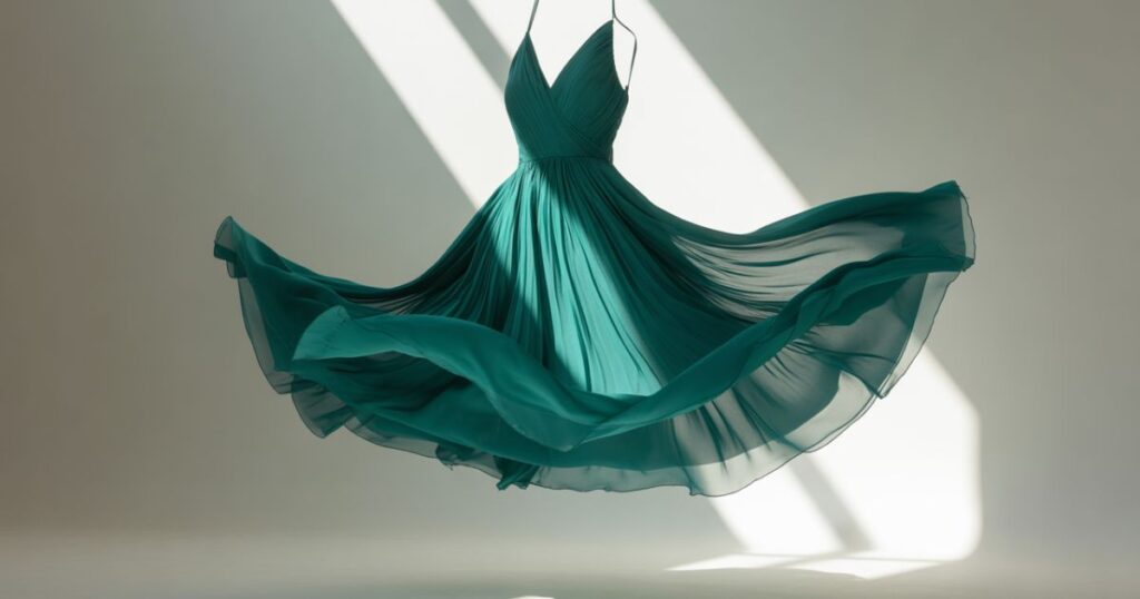 Model wearing a dark green satin cocktail dress in an urban setting.