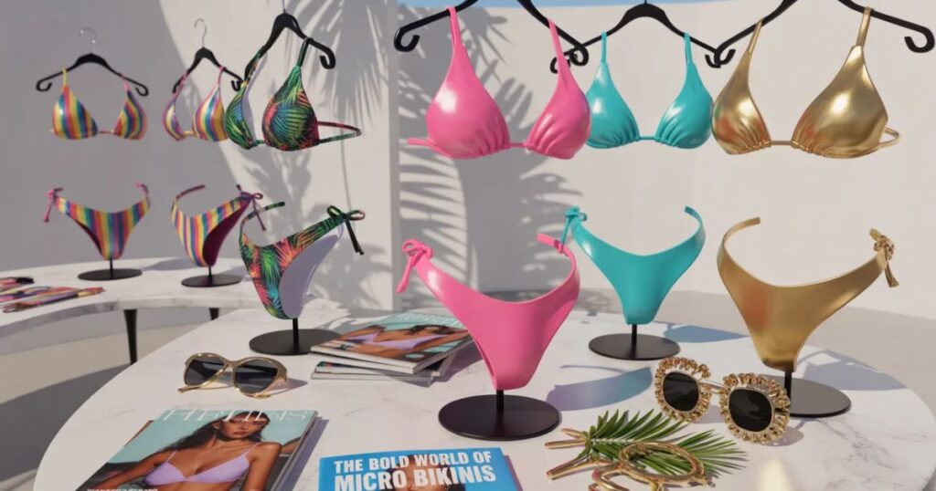 Model in a neon green Micro Bikinis posing by a swimming pool with palm trees in the background.