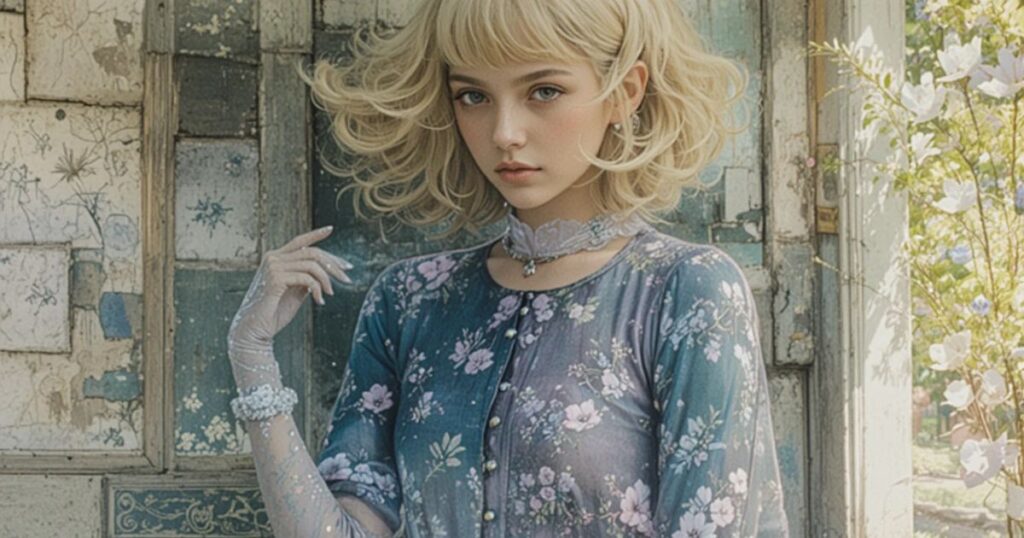 A woman wearing a light blue modest dress with long sleeves and a belt, standing outdoors in soft sunlight.