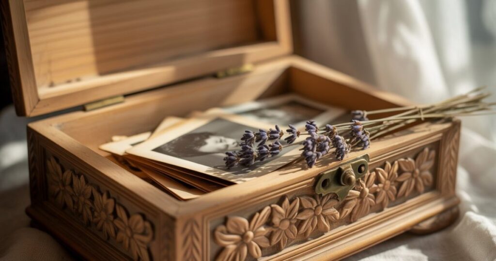 Framed TributePrintedPics of an elderly man placed on a shelf with flowers and candles.