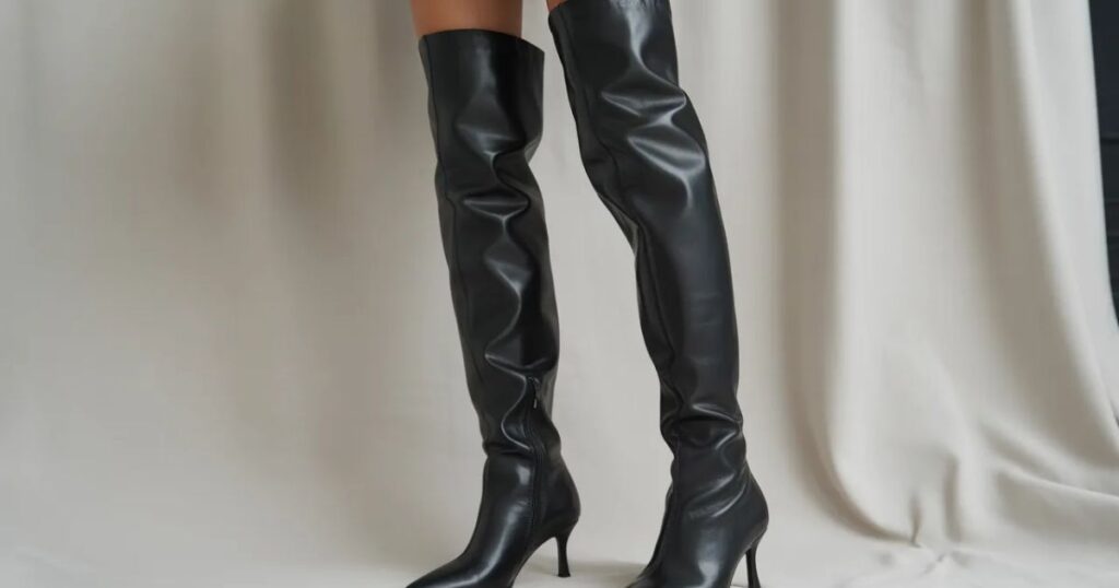 Brown over the knee boots with lace-up detail on the back, photographed outdoors.