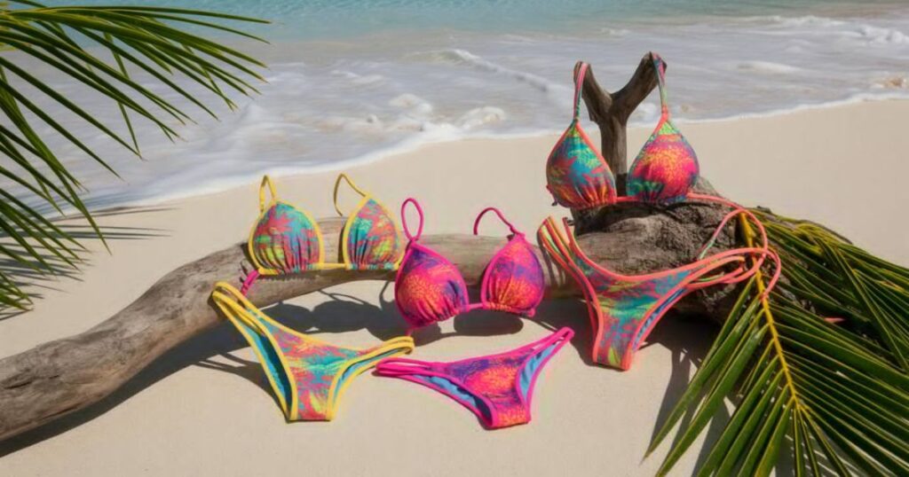 Close-up of a woman wearing a bright red Micro Bikinis on a sunny tropical beach.