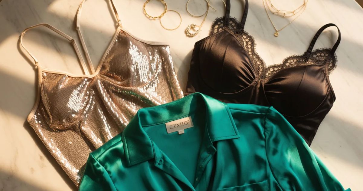 Chic black satin going out top with spaghetti straps