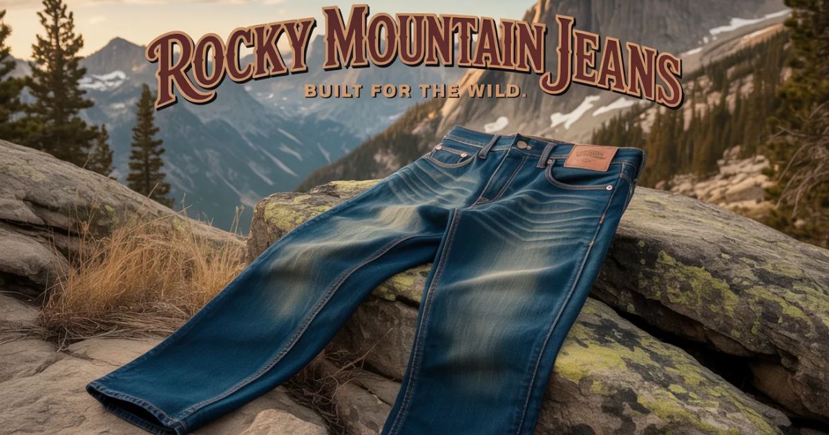 Model wearing Rocky Mountain Jeans outdoors in a rugged mountain setting.