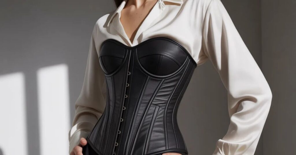 Model posing on a rooftop in a denim  Corset and top paired with cargo pants and chunky boots.