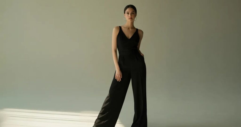Woman wearing a black jumpsuit accessorized with heels and clutch, standing outdoors.