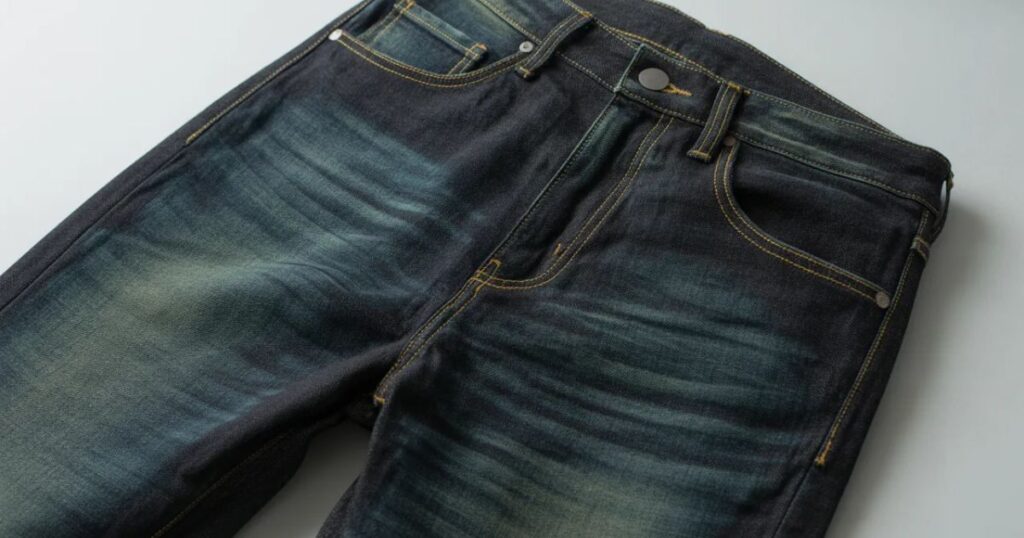 Relaxed-fit dark wash jeans with cuffed hems styled with a cropped jacket.