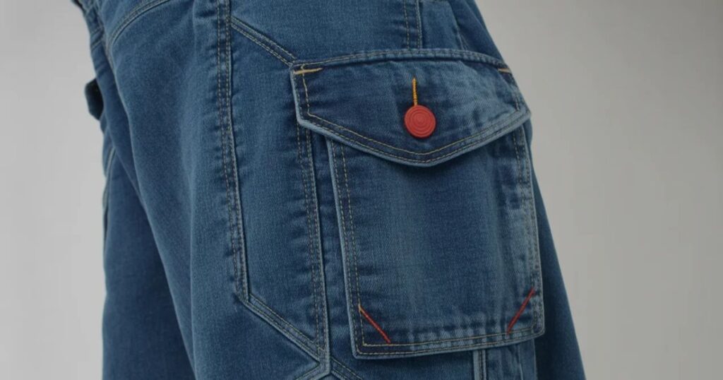 Front view of men’s blue cargo jeans with multiple utility pockets.