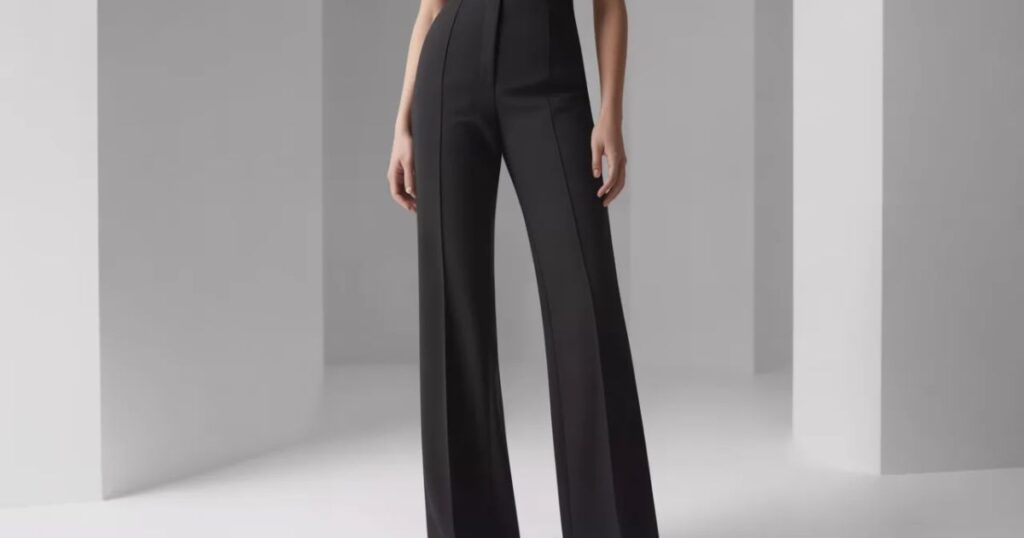 Woman wearing a sleek black jumpsuit, standing confidently in front of a white wall.