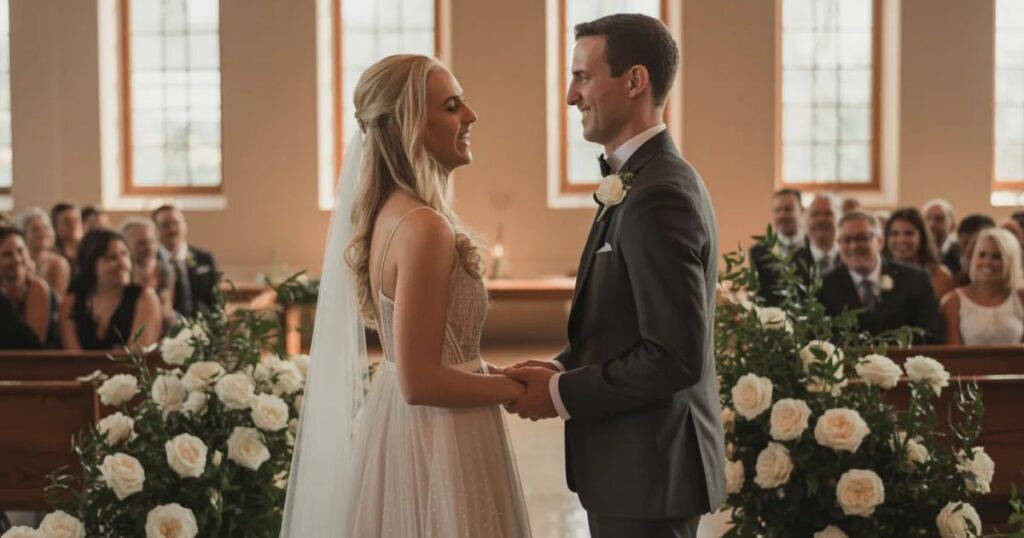 Zoé Chrissos Colton Orr Wedding and Colton Orr smiling together during their outdoor wedding ceremony.
