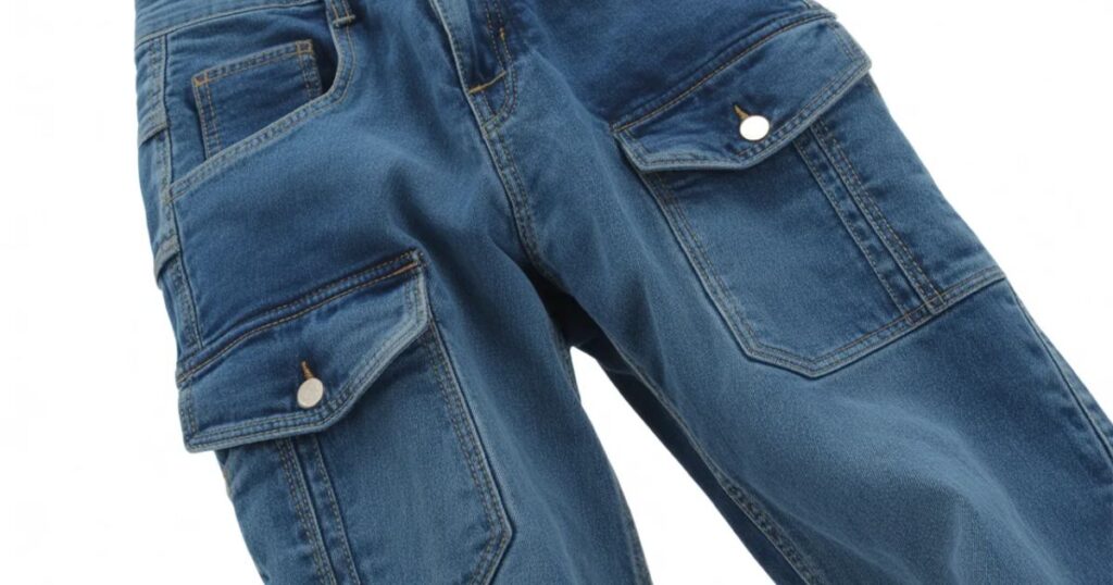 Side profile of cargo jeans highlighting the utility pocket design.