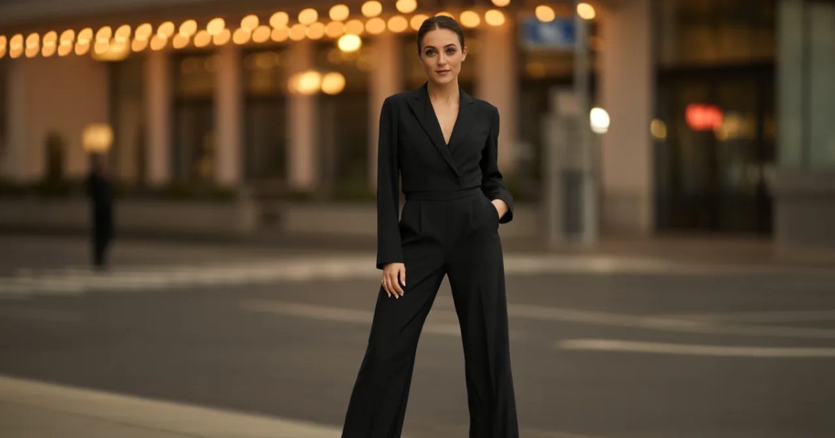 Back view of a black jumpsuit with open-back design and zipper detail
