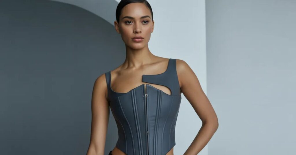 Model wearing a white satin  Corset and top layered over a sheer blouse in an urban street-style setting.