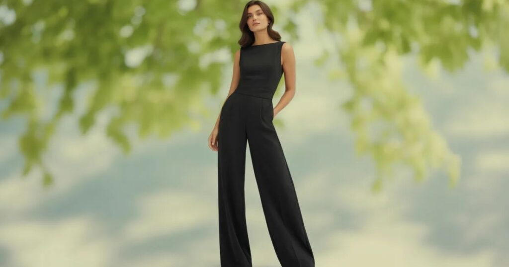 Side profile of a model wearing a fitted black jumpsuit with belt detailing.