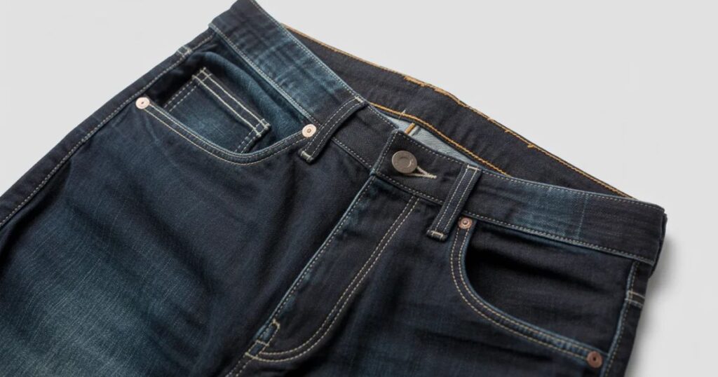 High-rise dark wash straight-leg jeans styled with a tucked-in blouse.