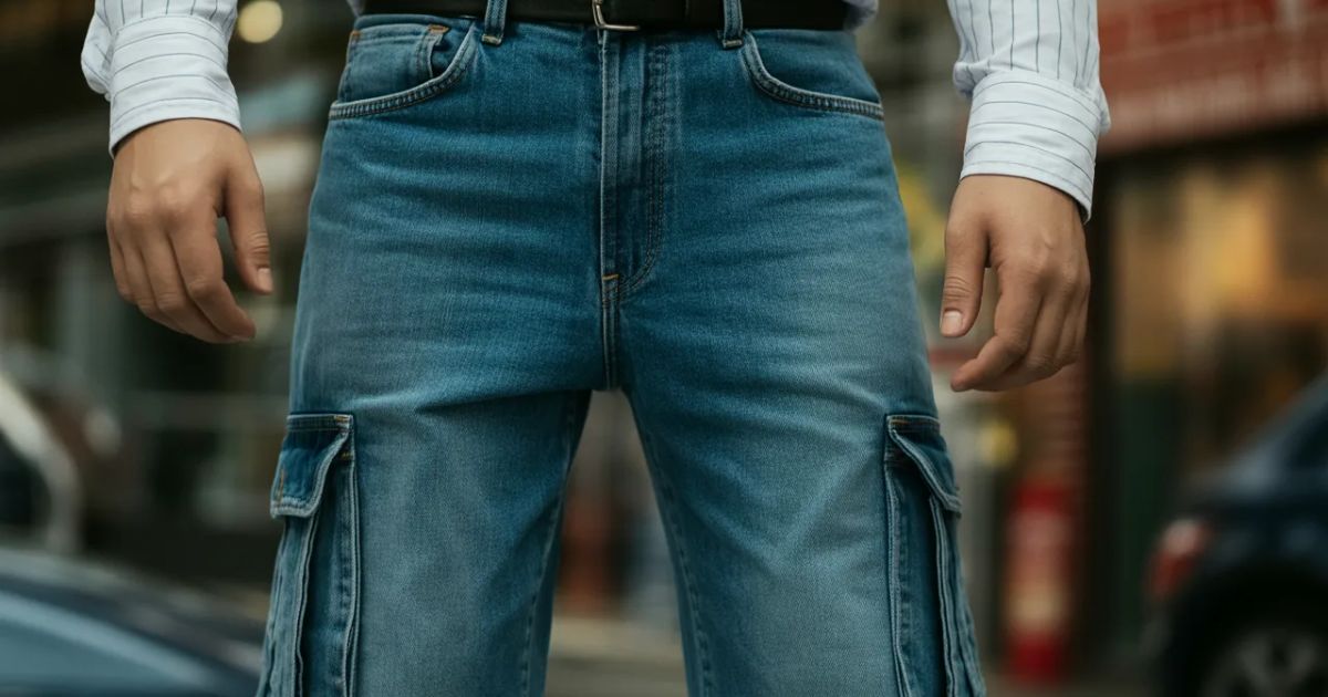 Back view of cargo jeans showing rear pockets and fit.