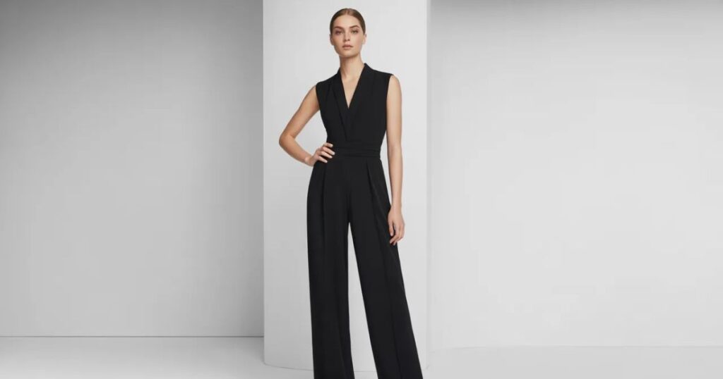 Close-up of the black jumpsuit fabric and waist tie detail.