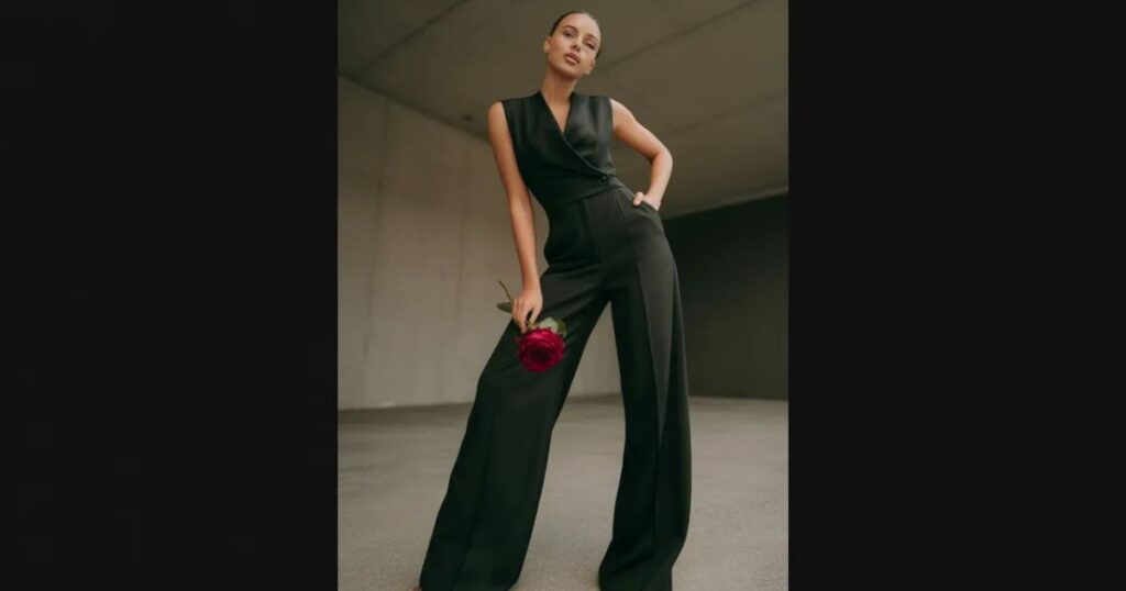 Woman wearing a stylish black jumpsuit posing confidently against a white background.