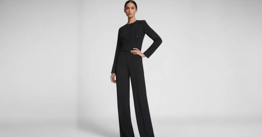 Woman wearing the black jumpsuit walking down a city street with sunglasses and a handbag.