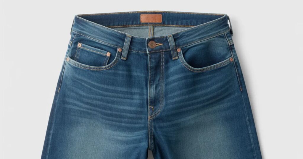 Model wearing mid rise jeans styled with a white shirt in an outdoor setting.