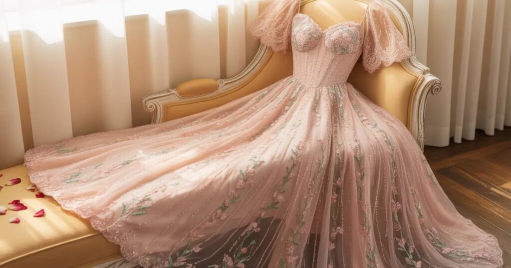 Side profile of a woman wearing a fitted birthday dress with subtle shimmer detailing.