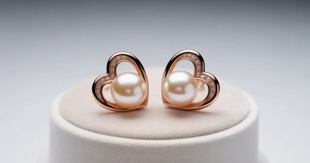 Heart-shaped gold earrings with a single white pearl drop, displayed on a soft beige background.