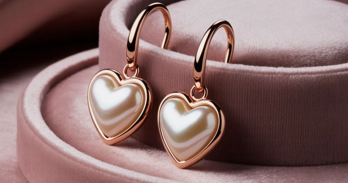 Pair of shop heart-shaped pearl earrings resting on a light pink velvet surface.
