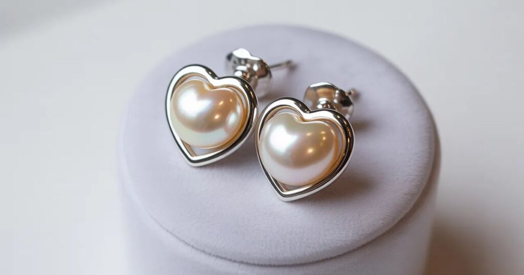 Close-up detail of Shop Heart-Shaped Pearl Earrings with pearl drops held between two fingers.