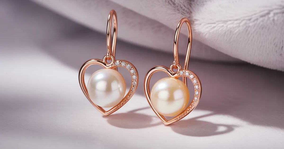 Heart-shaped pearl earrings displayed inside a white jewelry box.