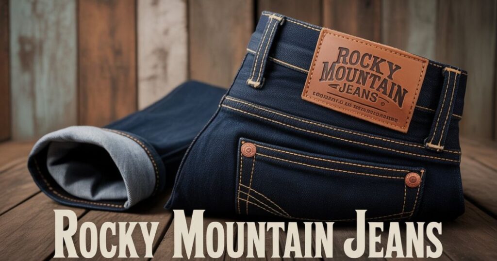 Rocky Mountain Jeans folded neatly on a vintage leather trunk.