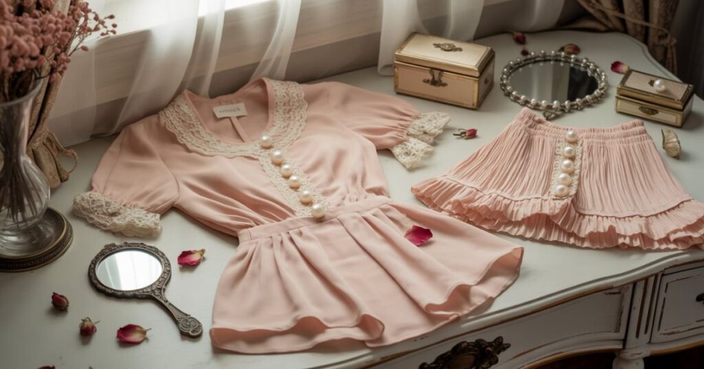 Baby pink cropped cardigan with pearl buttons styled in a girly coquette aesthetic.