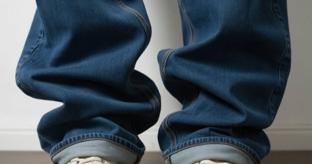 Stacked jeans piled over boots in a modern menswear fashion look.