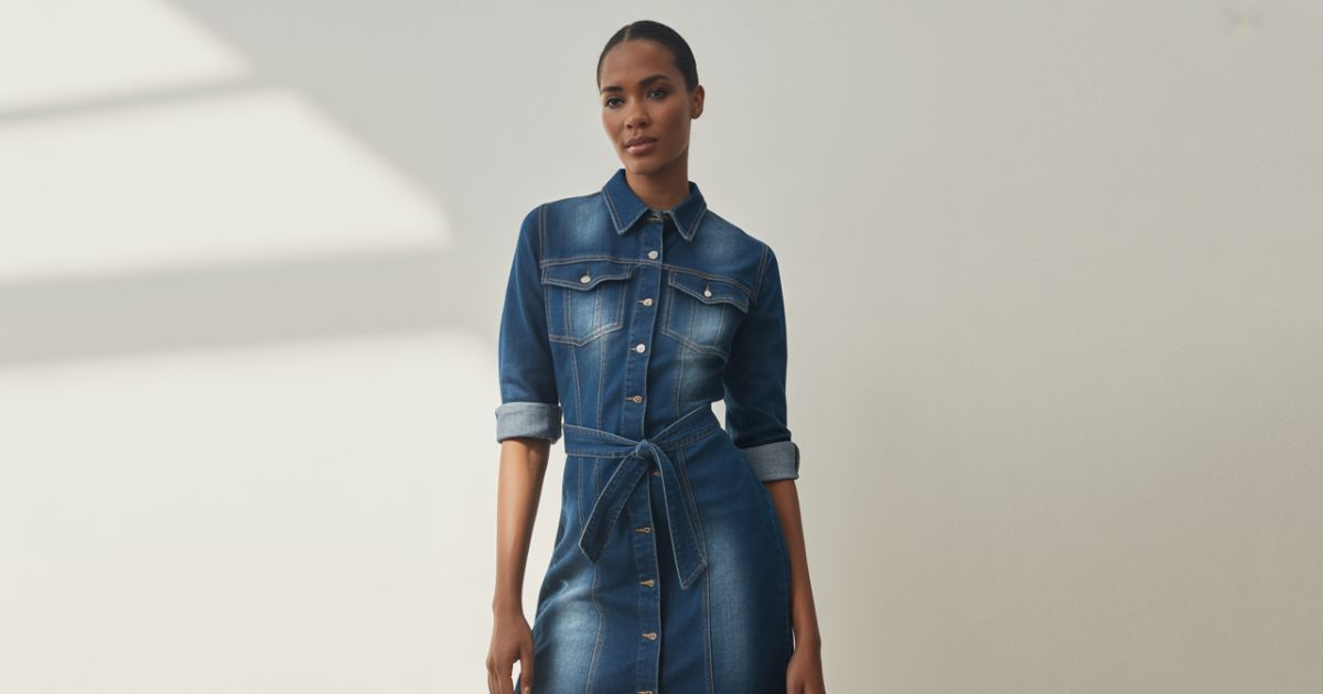 Denim Dress Clothes displayed on a hanger against a white background.