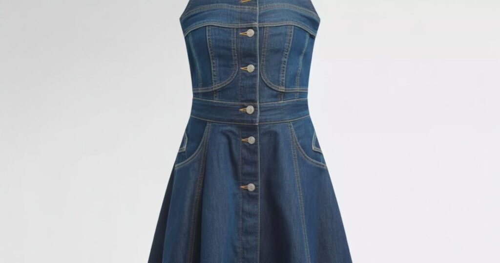 Denim Dress Clothes laid flat on a neutral surface showing a button-down style.