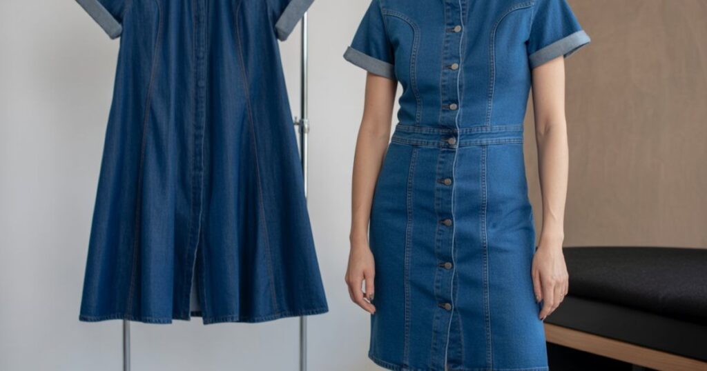 Model wearing Denim Dress Clothes outdoors in natural light.