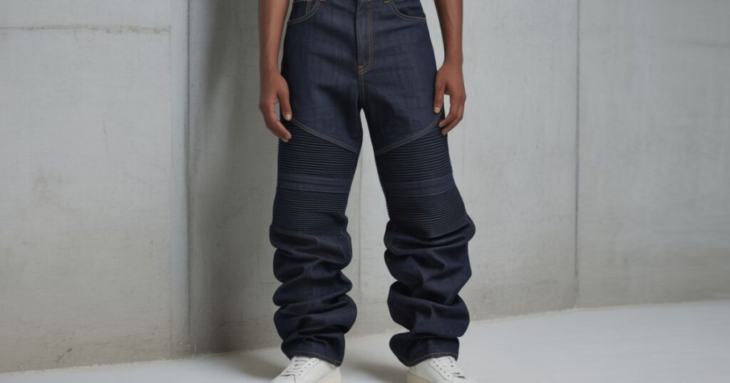 Stacked jeans draped over high-top sneakers in an urban streetwear outfit.