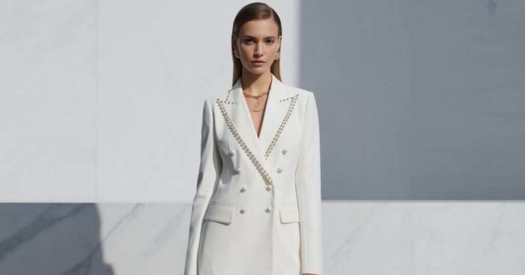 Shop White Embellished Blazer with crystal accents paired with chic tailored trousers