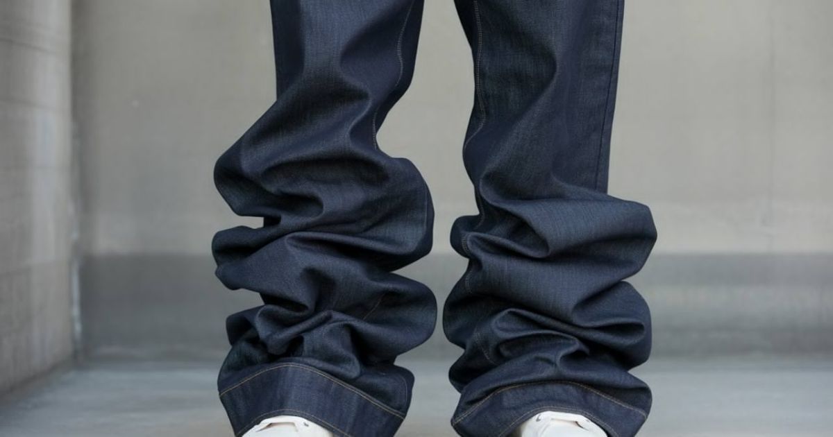 Stacked jeans with wide stacking details styled in a high-fashion editorial pose.