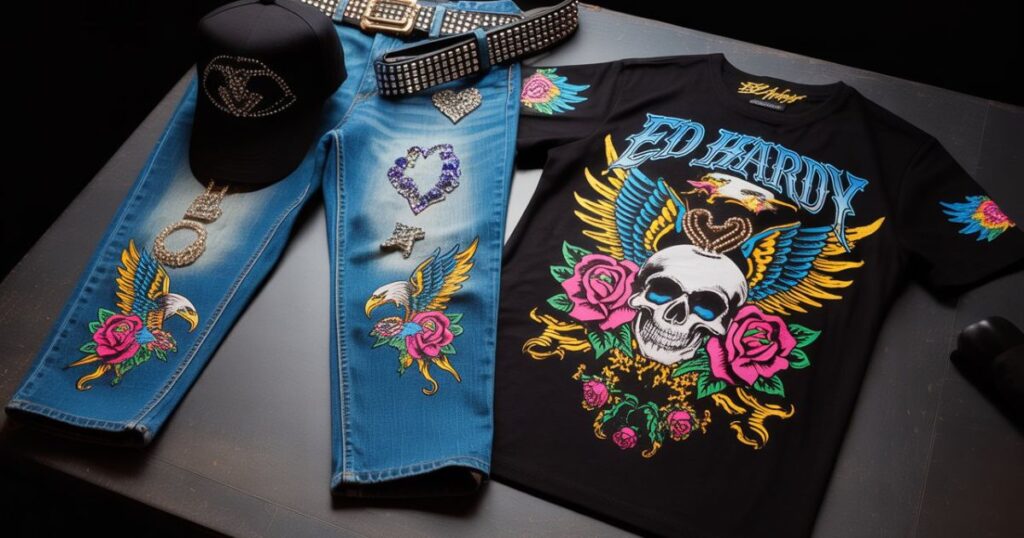 Ed Hardy set featuring a graphic hoodie and matching joggers with signature tattoo-style artwork.