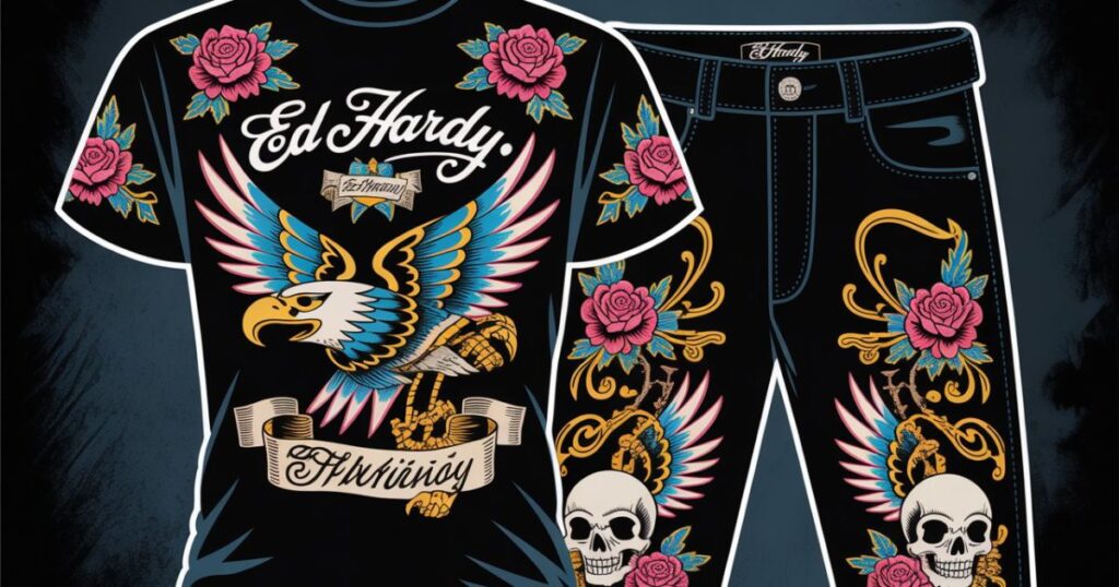 Ed Hardy set featuring a graphic hoodie and matching joggers with signature tattoo-style artwork.