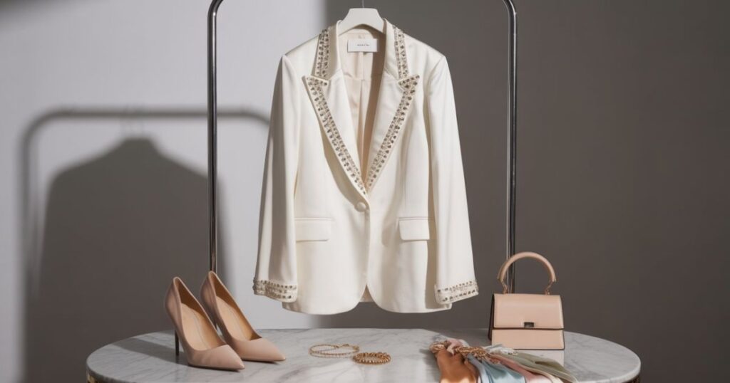 Shop White Embellished Blazer with floral embroidery styled for a soft, feminine look
